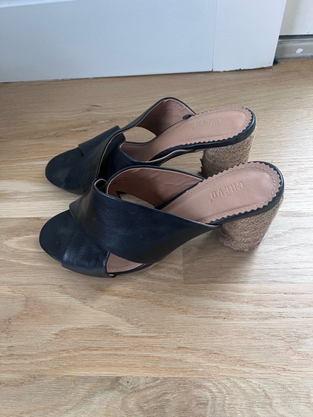 Crevo Black Leather Crossover Mule Heels with Rope-Wrapped Block Heel